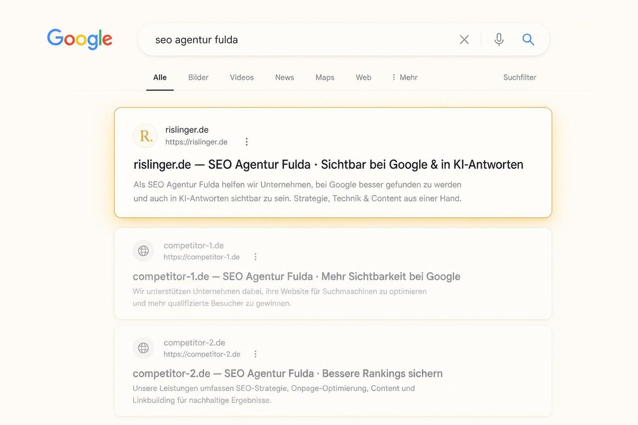 Ziel-Status: eigene Seite als #1 für „seo agentur fulda“ — sichtbar mit klarer Differenzierung im Titel.