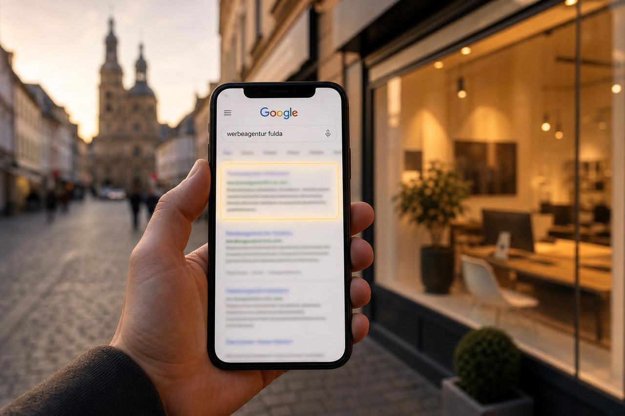 Smartphone zeigt Google-Suchergebnisse für eine Werbeagentur in Fulda vor der Altstadt-Kulisse