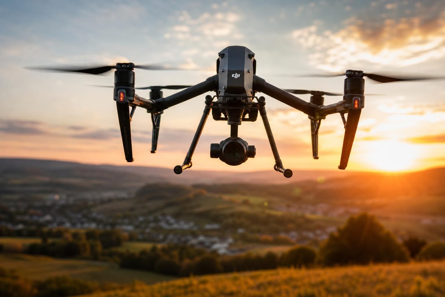 Professionelle DJI-Drohne in der Luft über hessischer Mittelgebirgslandschaft zur goldenen Stunde