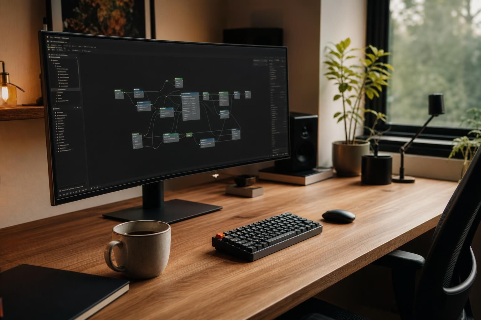 Modernes Büro mit Workflow-Diagramm auf Monitor — Symbol für Prozessautomatisierung