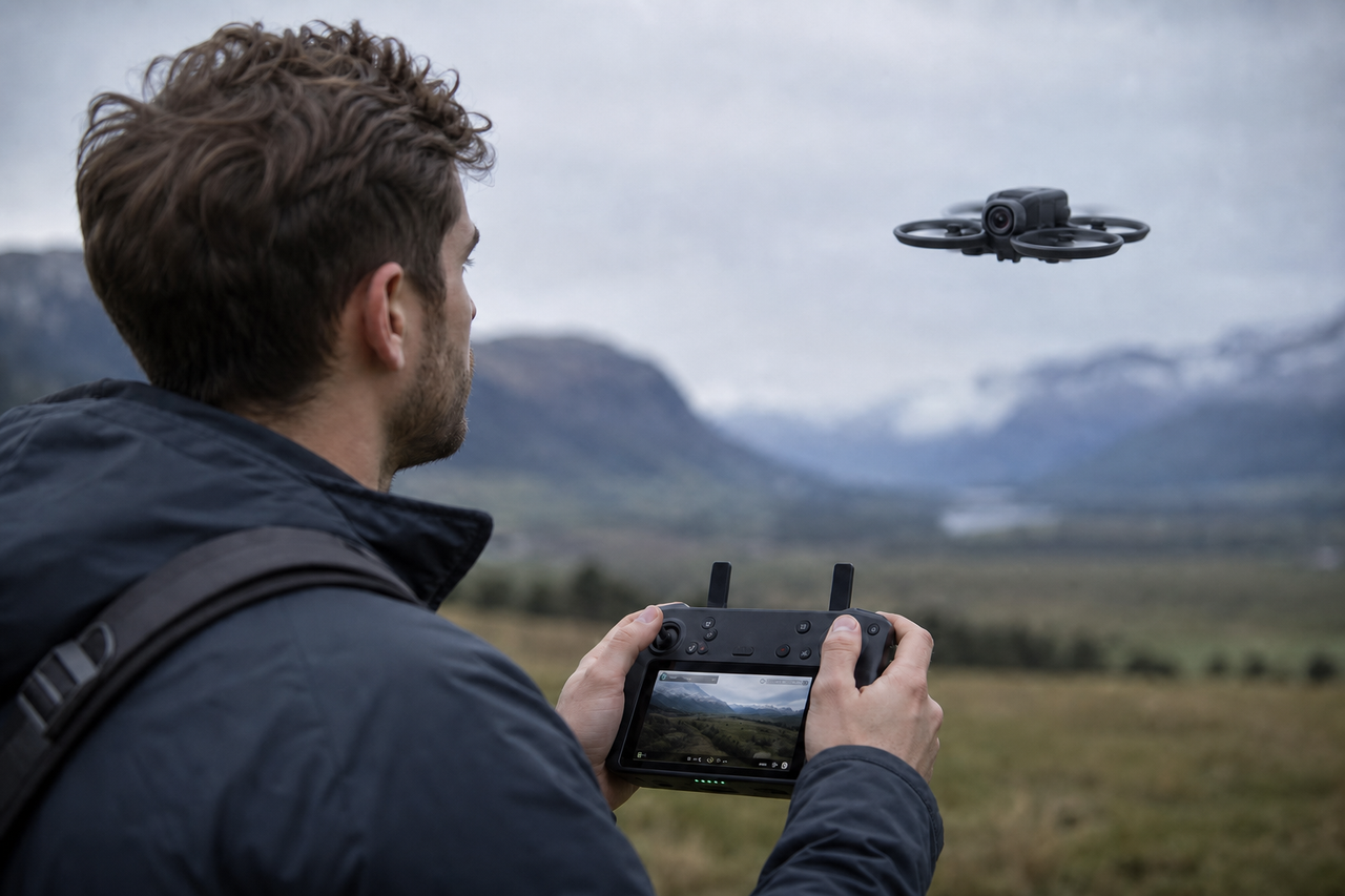 Drohnenpilot mit Controller und DJI Avata 360 in der Luft