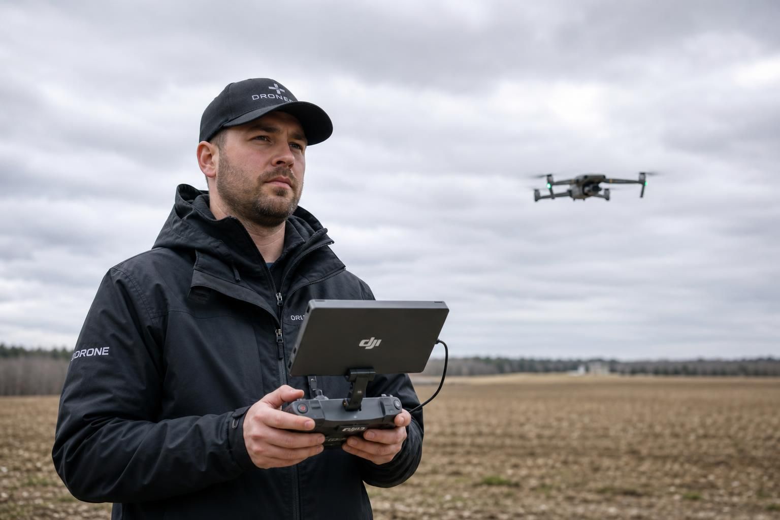 Drohnenpilot im Außeneinsatz mit DJI-Controller und Drohne im Hintergrund