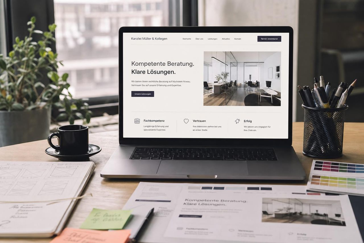 Webdesigner und Kunde besprechen einen Website-Relaunch am Laptop — Planung und Konzeption